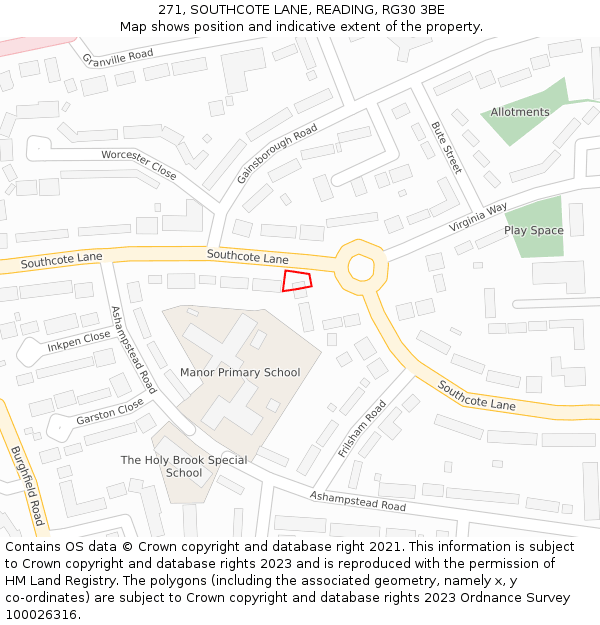 271, SOUTHCOTE LANE, READING, RG30 3BE: Location map and indicative extent of plot