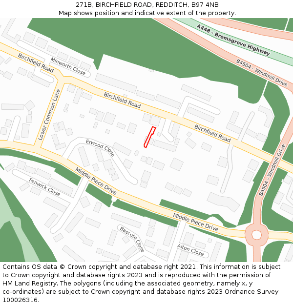 271B, BIRCHFIELD ROAD, REDDITCH, B97 4NB: Location map and indicative extent of plot