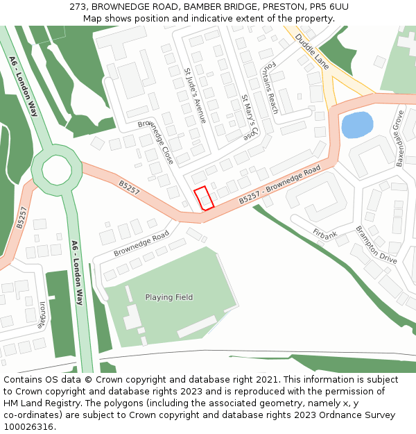 273, BROWNEDGE ROAD, BAMBER BRIDGE, PRESTON, PR5 6UU: Location map and indicative extent of plot