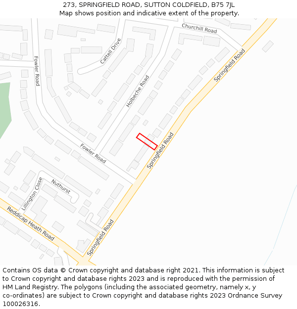 273, SPRINGFIELD ROAD, SUTTON COLDFIELD, B75 7JL: Location map and indicative extent of plot