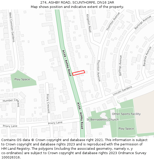 274, ASHBY ROAD, SCUNTHORPE, DN16 2AR: Location map and indicative extent of plot