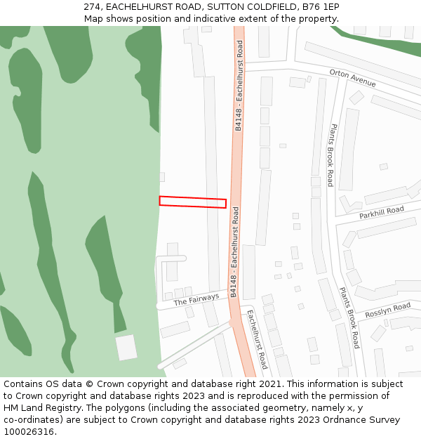 274, EACHELHURST ROAD, SUTTON COLDFIELD, B76 1EP: Location map and indicative extent of plot