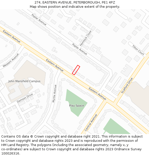 274, EASTERN AVENUE, PETERBOROUGH, PE1 4PZ: Location map and indicative extent of plot