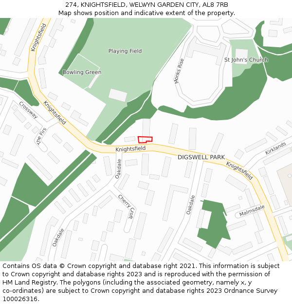 274, KNIGHTSFIELD, WELWYN GARDEN CITY, AL8 7RB: Location map and indicative extent of plot