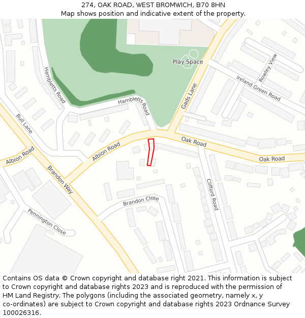 274, OAK ROAD, WEST BROMWICH, B70 8HN: Location map and indicative extent of plot