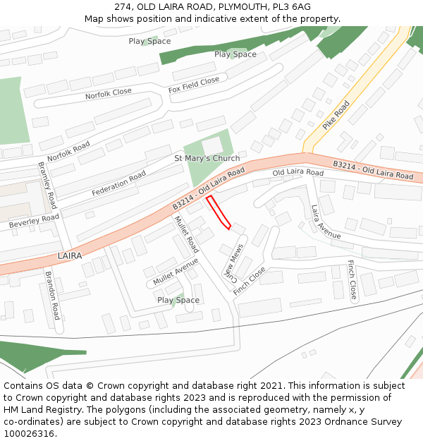 274, OLD LAIRA ROAD, PLYMOUTH, PL3 6AG: Location map and indicative extent of plot