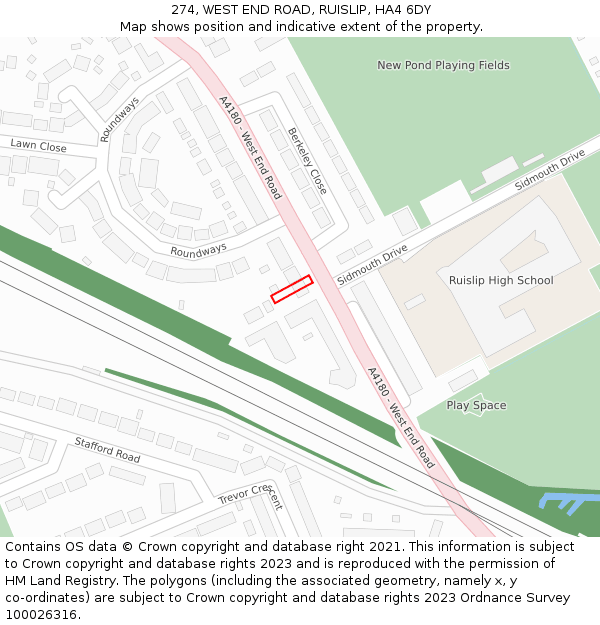 274, WEST END ROAD, RUISLIP, HA4 6DY: Location map and indicative extent of plot