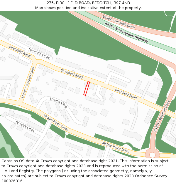 275, BIRCHFIELD ROAD, REDDITCH, B97 4NB: Location map and indicative extent of plot