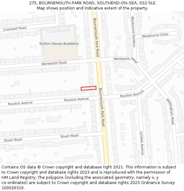 275, BOURNEMOUTH PARK ROAD, SOUTHEND-ON-SEA, SS2 5LE: Location map and indicative extent of plot