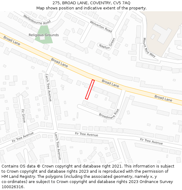 275, BROAD LANE, COVENTRY, CV5 7AQ: Location map and indicative extent of plot