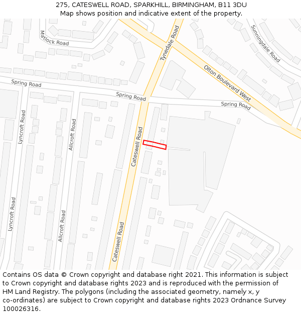 275, CATESWELL ROAD, SPARKHILL, BIRMINGHAM, B11 3DU: Location map and indicative extent of plot