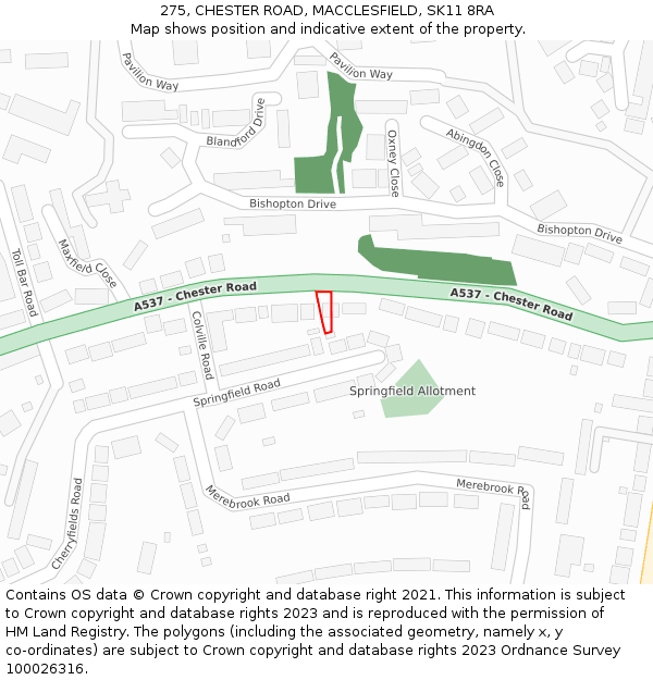 275, CHESTER ROAD, MACCLESFIELD, SK11 8RA: Location map and indicative extent of plot