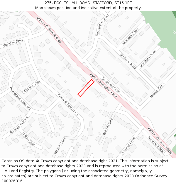 275, ECCLESHALL ROAD, STAFFORD, ST16 1PE: Location map and indicative extent of plot