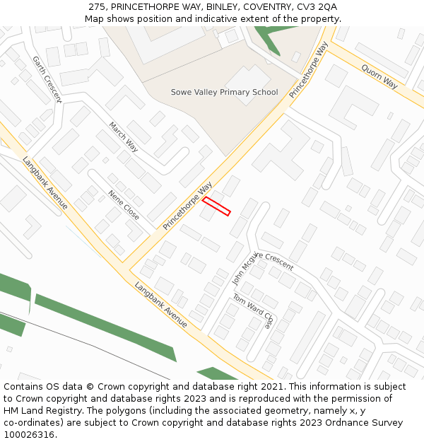 275, PRINCETHORPE WAY, BINLEY, COVENTRY, CV3 2QA: Location map and indicative extent of plot