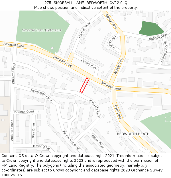 275, SMORRALL LANE, BEDWORTH, CV12 0LQ: Location map and indicative extent of plot