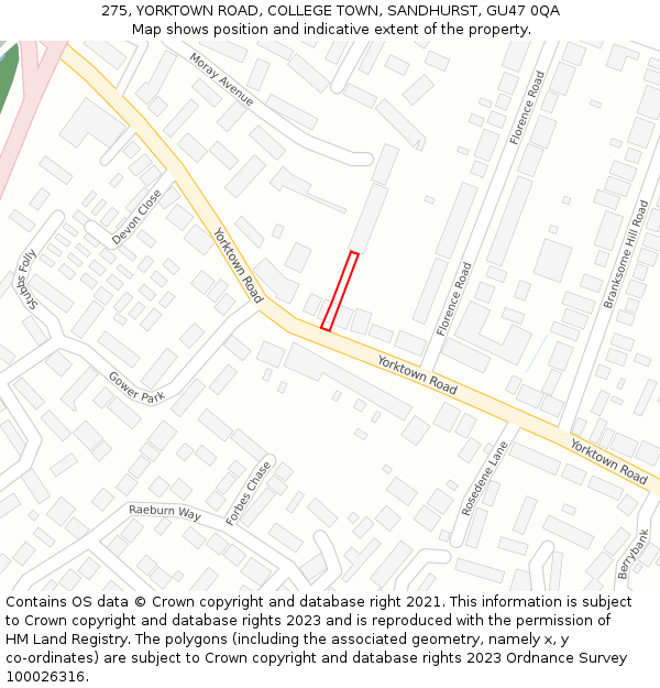 275, YORKTOWN ROAD, COLLEGE TOWN, SANDHURST, GU47 0QA: Location map and indicative extent of plot