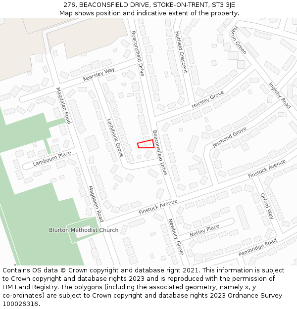 276, BEACONSFIELD DRIVE, STOKE-ON-TRENT, ST3 3JE: Location map and indicative extent of plot