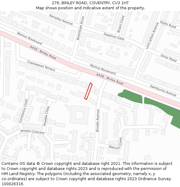 276, BINLEY ROAD, COVENTRY, CV3 1HT: Location map and indicative extent of plot