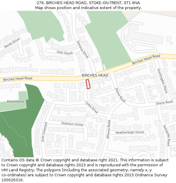 276, BIRCHES HEAD ROAD, STOKE-ON-TRENT, ST1 6NA: Location map and indicative extent of plot