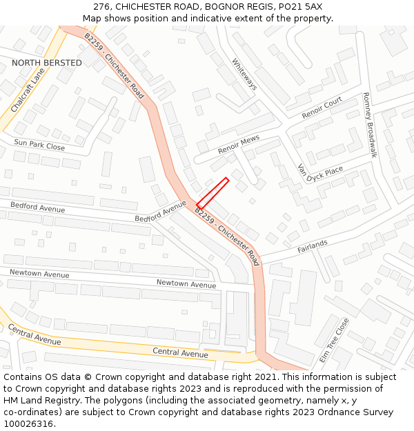 276, CHICHESTER ROAD, BOGNOR REGIS, PO21 5AX: Location map and indicative extent of plot