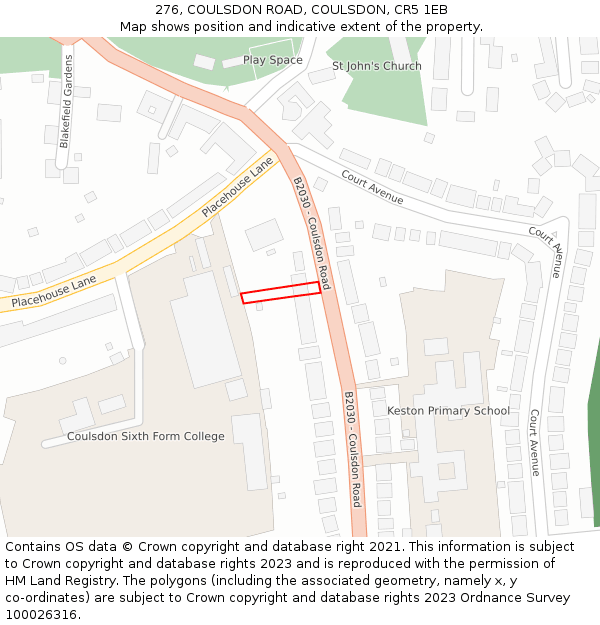 276, COULSDON ROAD, COULSDON, CR5 1EB: Location map and indicative extent of plot