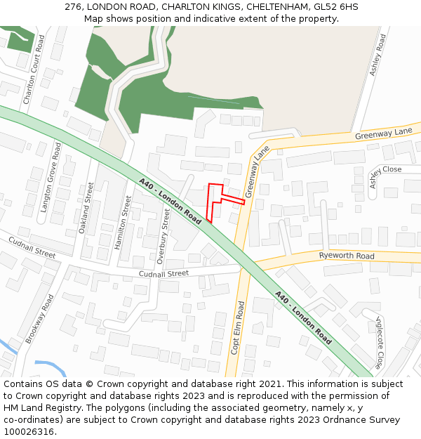 276, LONDON ROAD, CHARLTON KINGS, CHELTENHAM, GL52 6HS: Location map and indicative extent of plot