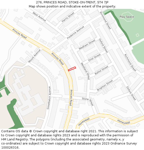 276, PRINCES ROAD, STOKE-ON-TRENT, ST4 7JP: Location map and indicative extent of plot