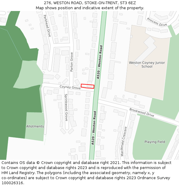 276, WESTON ROAD, STOKE-ON-TRENT, ST3 6EZ: Location map and indicative extent of plot