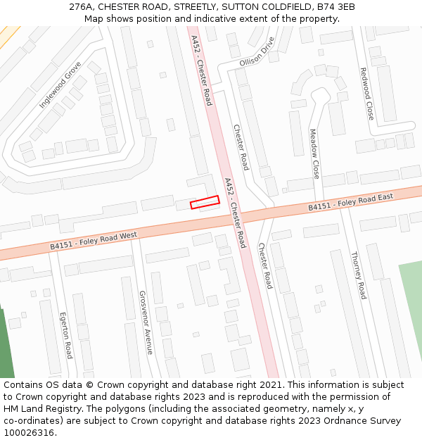 276A, CHESTER ROAD, STREETLY, SUTTON COLDFIELD, B74 3EB: Location map and indicative extent of plot