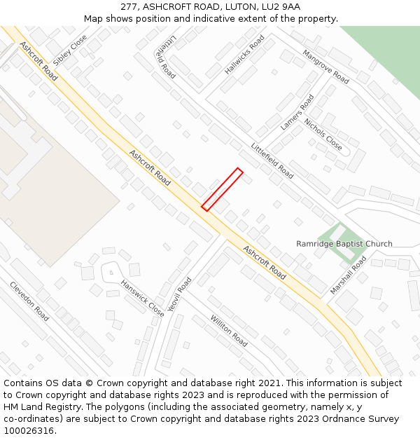 277, ASHCROFT ROAD, LUTON, LU2 9AA: Location map and indicative extent of plot