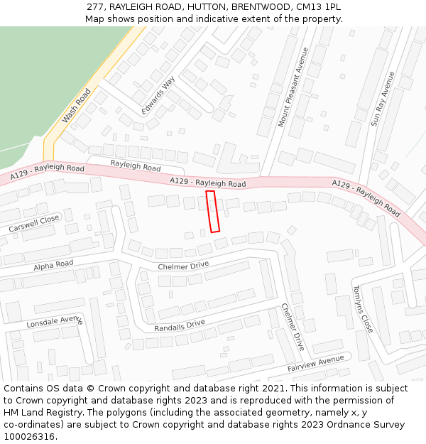 277, RAYLEIGH ROAD, HUTTON, BRENTWOOD, CM13 1PL: Location map and indicative extent of plot