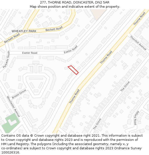 277, THORNE ROAD, DONCASTER, DN2 5AR: Location map and indicative extent of plot