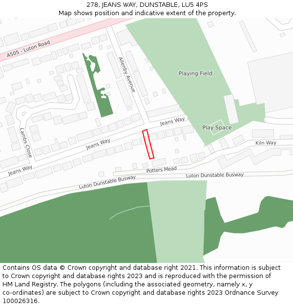 278, JEANS WAY, DUNSTABLE, LU5 4PS: Location map and indicative extent of plot