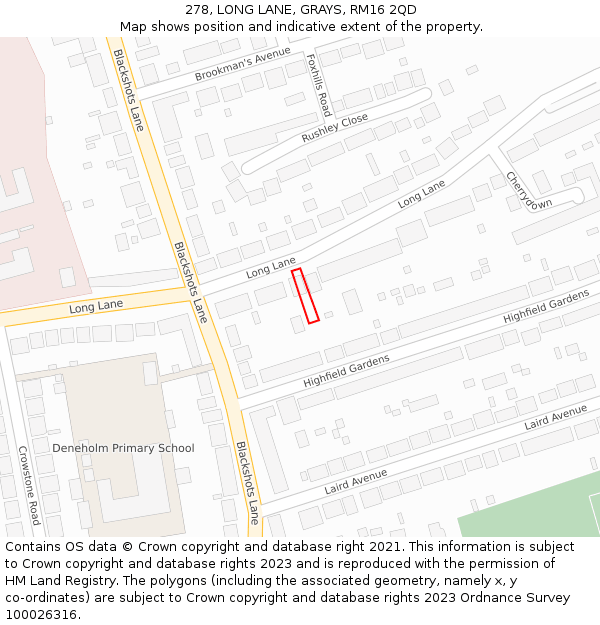 278, LONG LANE, GRAYS, RM16 2QD: Location map and indicative extent of plot