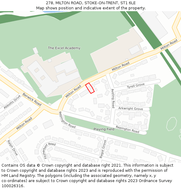 278, MILTON ROAD, STOKE-ON-TRENT, ST1 6LE: Location map and indicative extent of plot