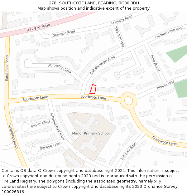 278, SOUTHCOTE LANE, READING, RG30 3BH: Location map and indicative extent of plot