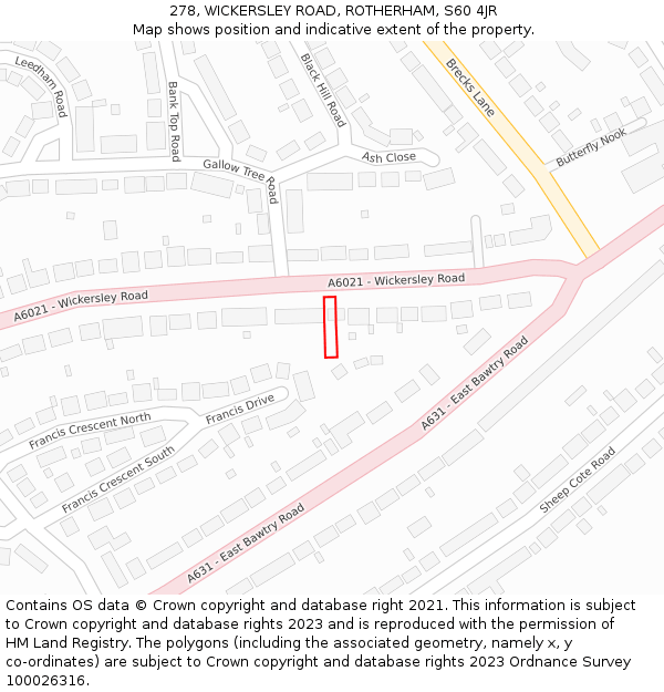 278, WICKERSLEY ROAD, ROTHERHAM, S60 4JR: Location map and indicative extent of plot