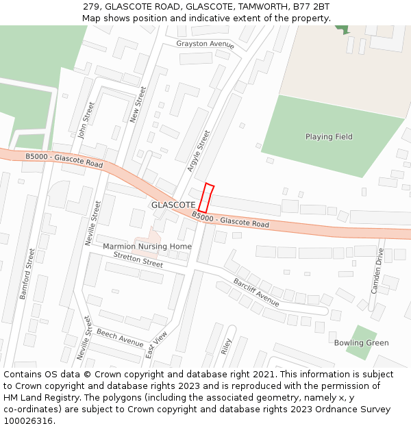 279, GLASCOTE ROAD, GLASCOTE, TAMWORTH, B77 2BT: Location map and indicative extent of plot