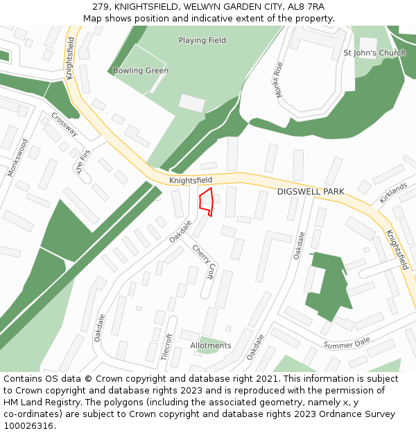 279, KNIGHTSFIELD, WELWYN GARDEN CITY, AL8 7RA: Location map and indicative extent of plot