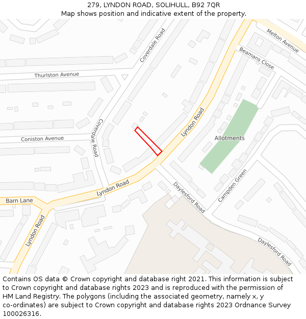 279, LYNDON ROAD, SOLIHULL, B92 7QR: Location map and indicative extent of plot