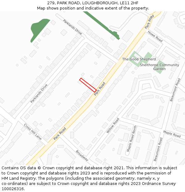 279, PARK ROAD, LOUGHBOROUGH, LE11 2HF: Location map and indicative extent of plot