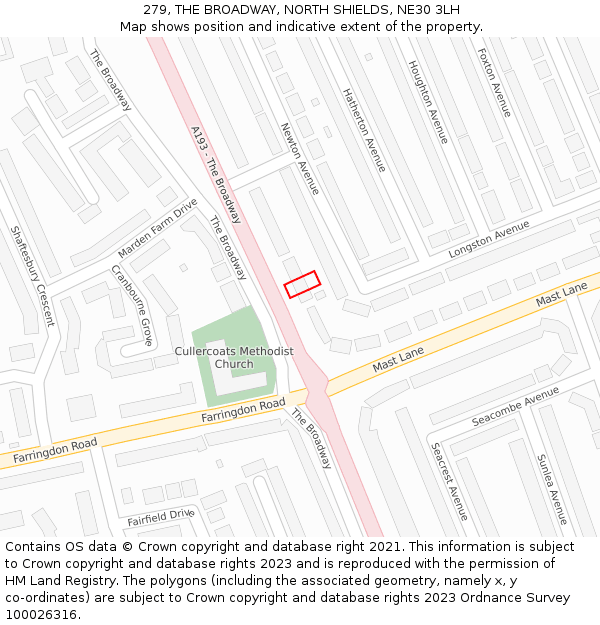 279, THE BROADWAY, NORTH SHIELDS, NE30 3LH: Location map and indicative extent of plot