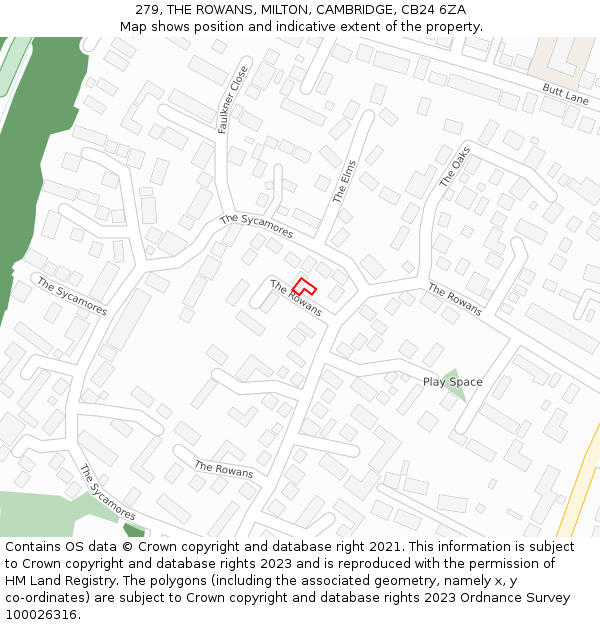 279, THE ROWANS, MILTON, CAMBRIDGE, CB24 6ZA: Location map and indicative extent of plot