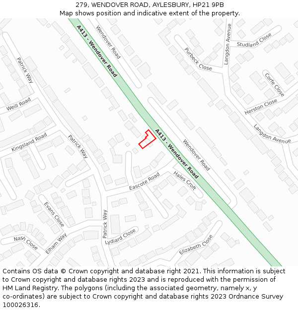 279, WENDOVER ROAD, AYLESBURY, HP21 9PB: Location map and indicative extent of plot