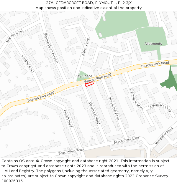 27A, CEDARCROFT ROAD, PLYMOUTH, PL2 3JX: Location map and indicative extent of plot