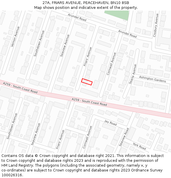 27A, FRIARS AVENUE, PEACEHAVEN, BN10 8SB: Location map and indicative extent of plot