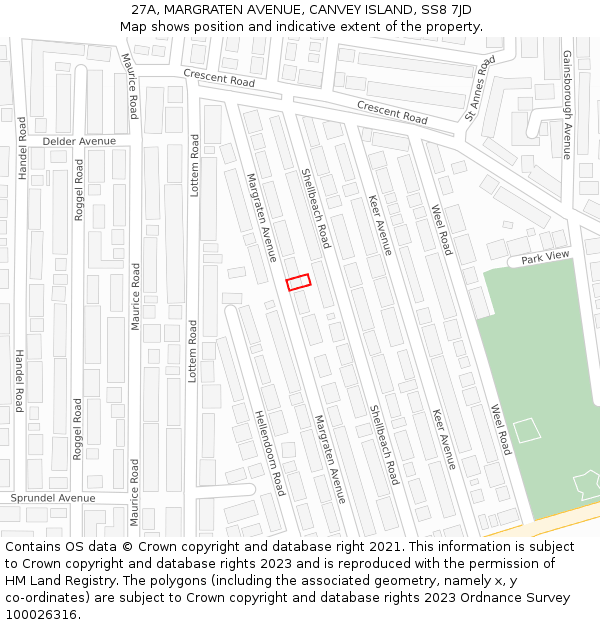 27A, MARGRATEN AVENUE, CANVEY ISLAND, SS8 7JD: Location map and indicative extent of plot