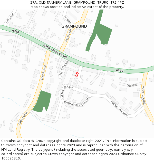 27A, OLD TANNERY LANE, GRAMPOUND, TRURO, TR2 4PZ: Location map and indicative extent of plot