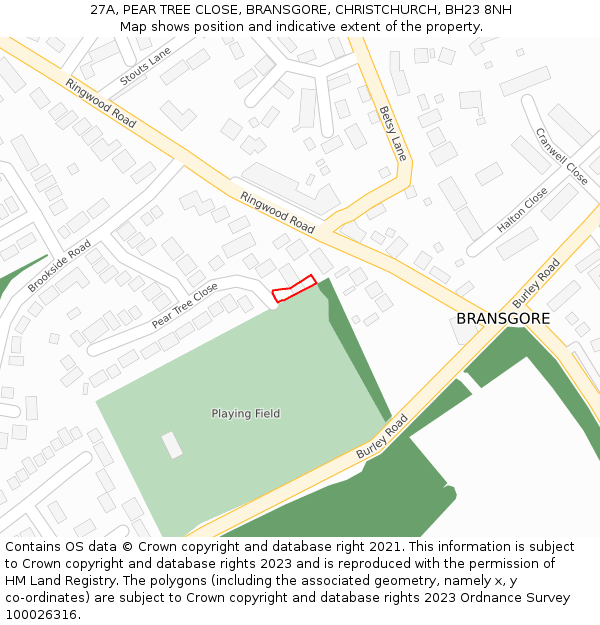 27A, PEAR TREE CLOSE, BRANSGORE, CHRISTCHURCH, BH23 8NH: Location map and indicative extent of plot