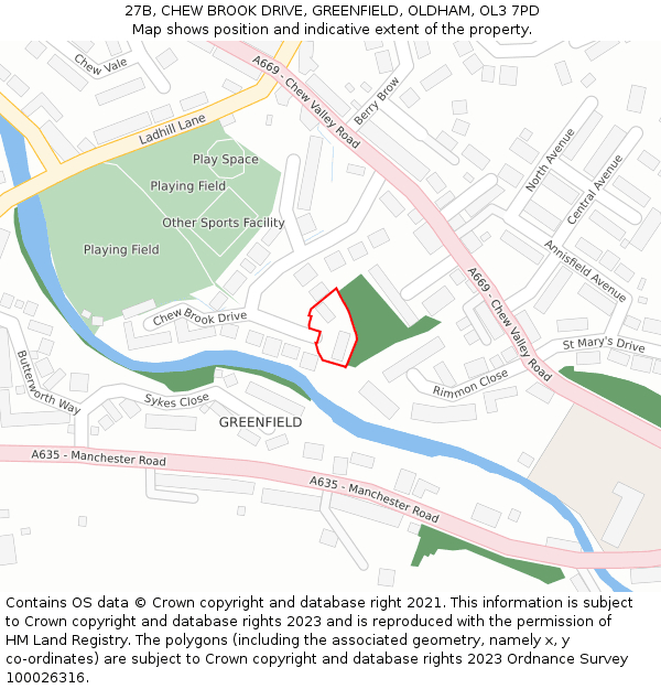 27B, CHEW BROOK DRIVE, GREENFIELD, OLDHAM, OL3 7PD: Location map and indicative extent of plot